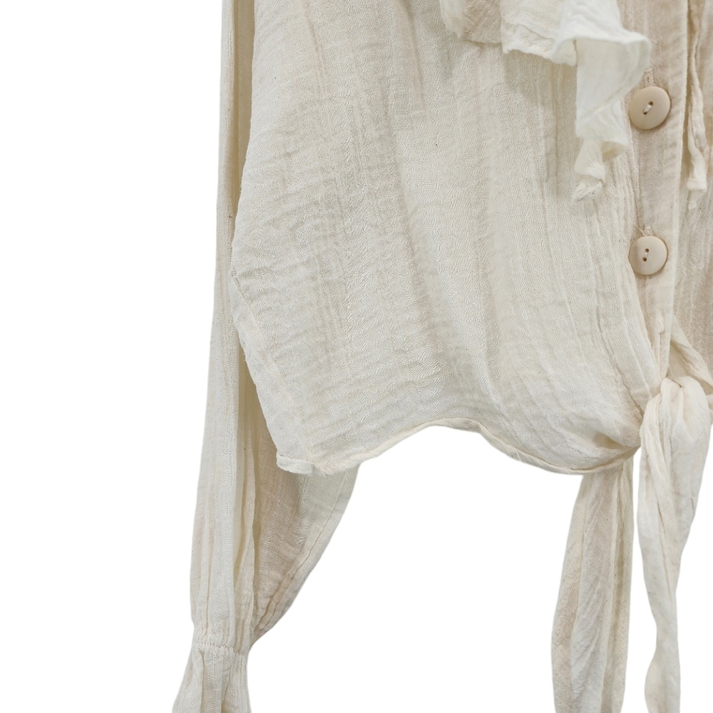 Cream Ruffle Tie-Front Crop Top - Picture 4 of 7